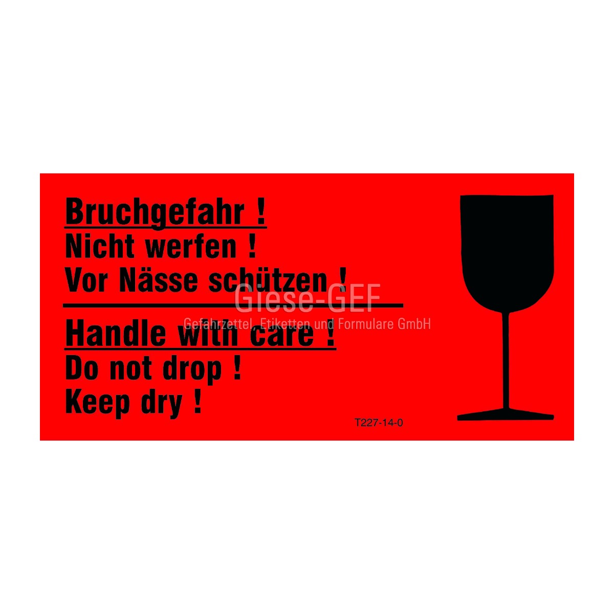 Aufkleber Bruchgefahr, Nicht werfen, Vor Nässe schützen, Handle with care – Motiv 14 x 7 cm