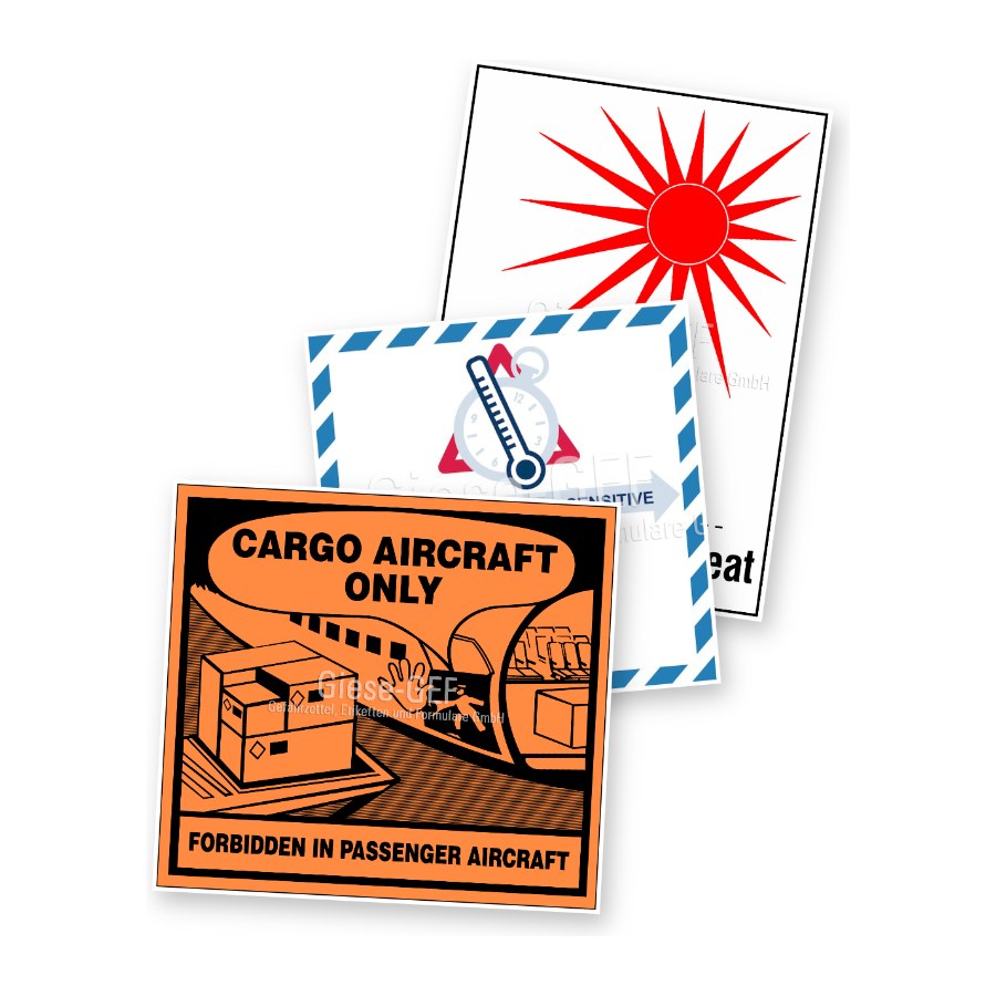 IATA-Luftfrachtetiketten: Cargo Aircraft Only, Keep away from heat, Time und Temperature Sensitive