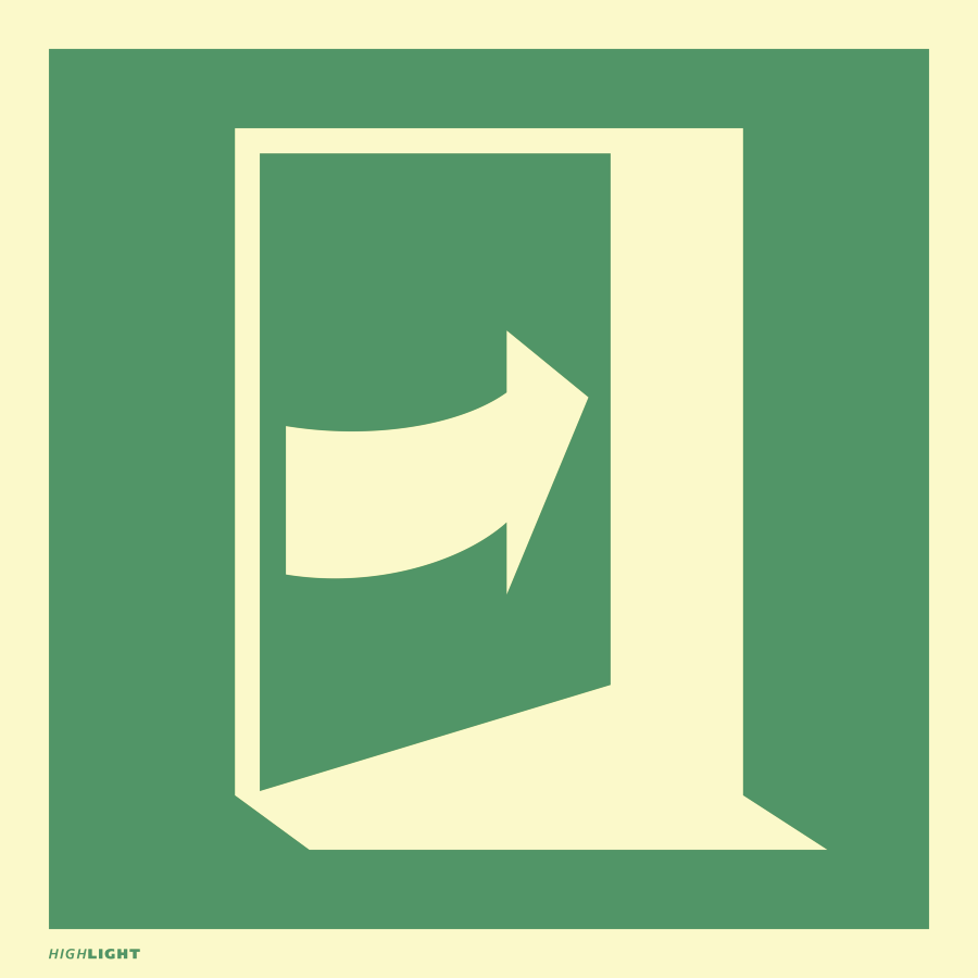 Tür öffnet durch Drücken auf der rechten Seite, Rettungszeichen, ISO 7010 E023, 100 x 100 mm, Folie selbstklebend