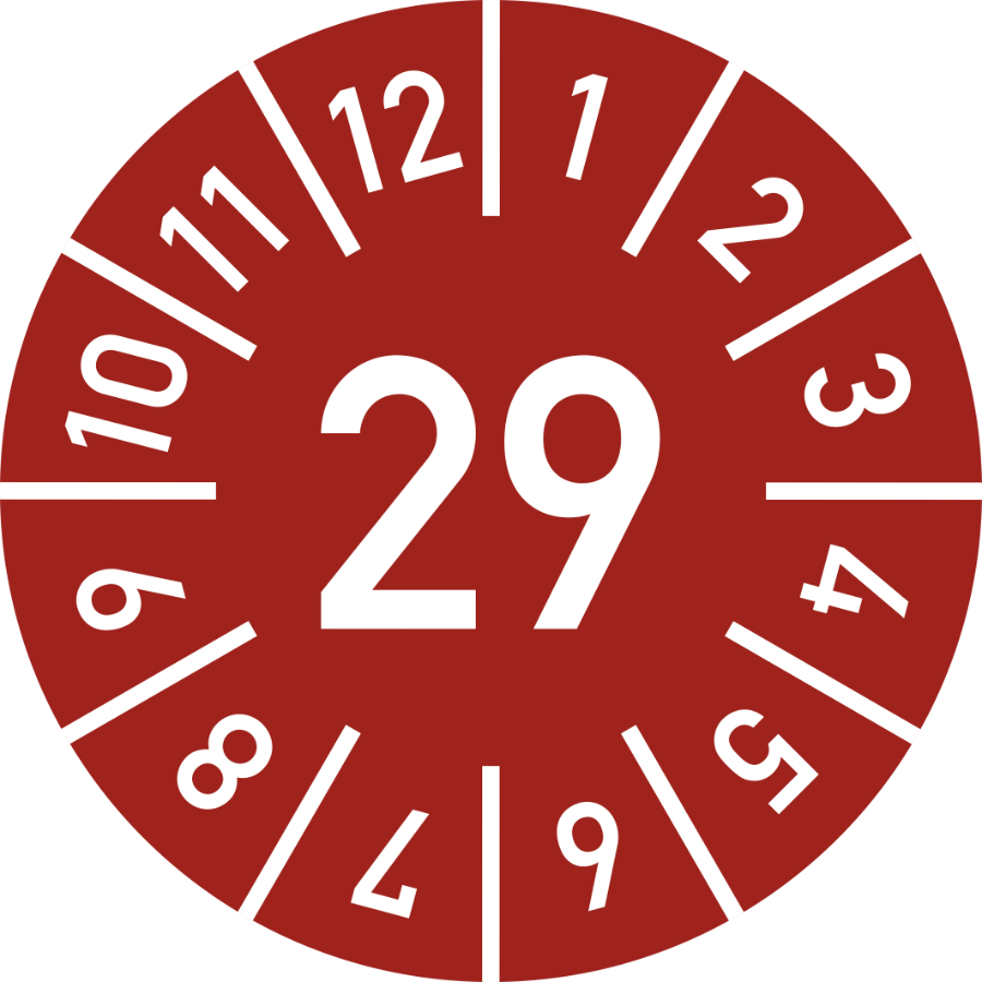 Prüfplakette Jahr 29 mit Monaten - rot, Ø 10 mm, Folie
