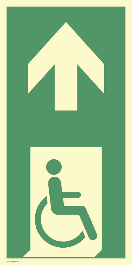Notausgang gehbeeinträchtigt (rechts) mit Pfeil oben, Rettungszeichen, 400 × 200 mm, Alu
