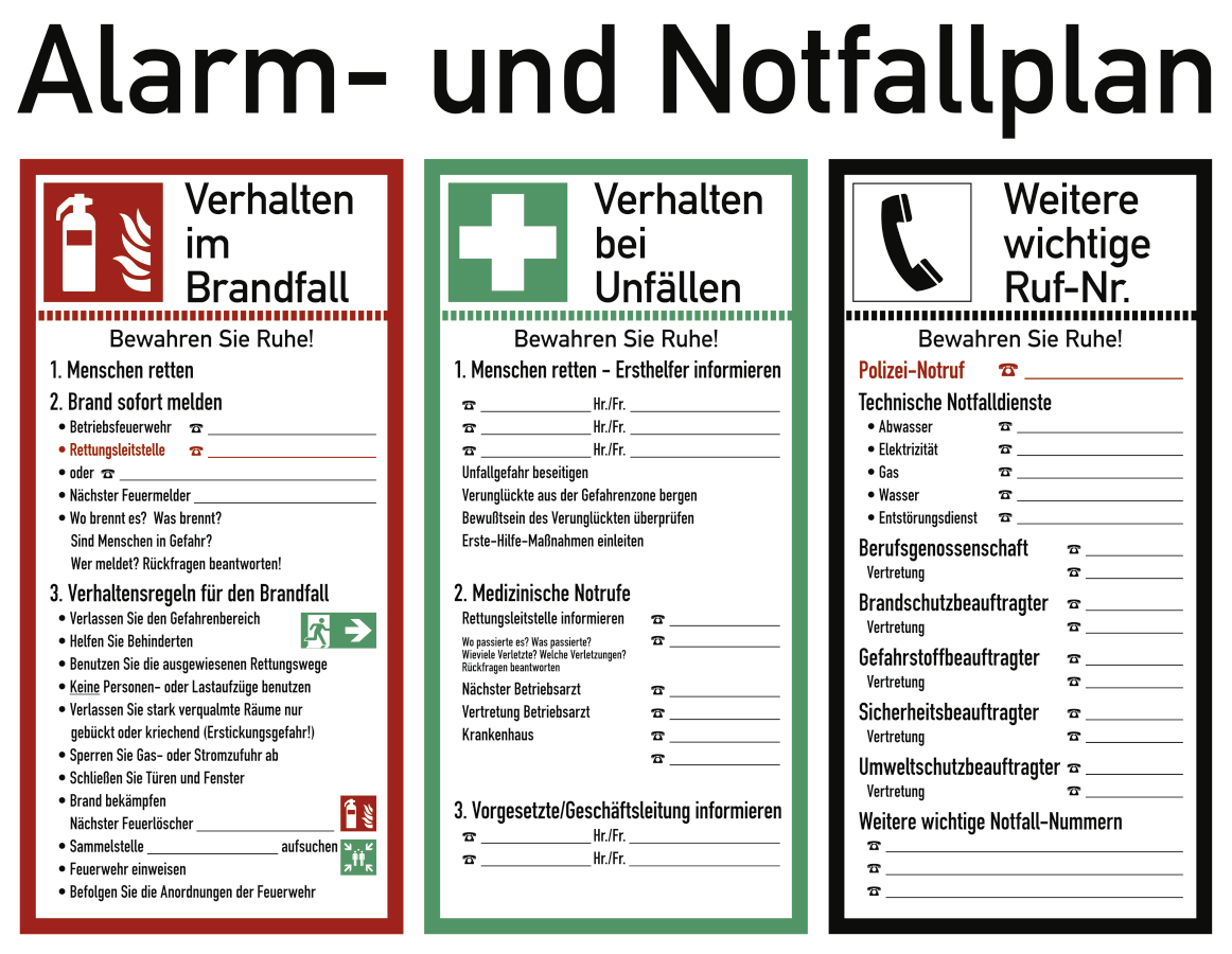 Alarm- und Notfallplan, Kombischild, Anlehnung an die DIN 14096. Teil A (2014)