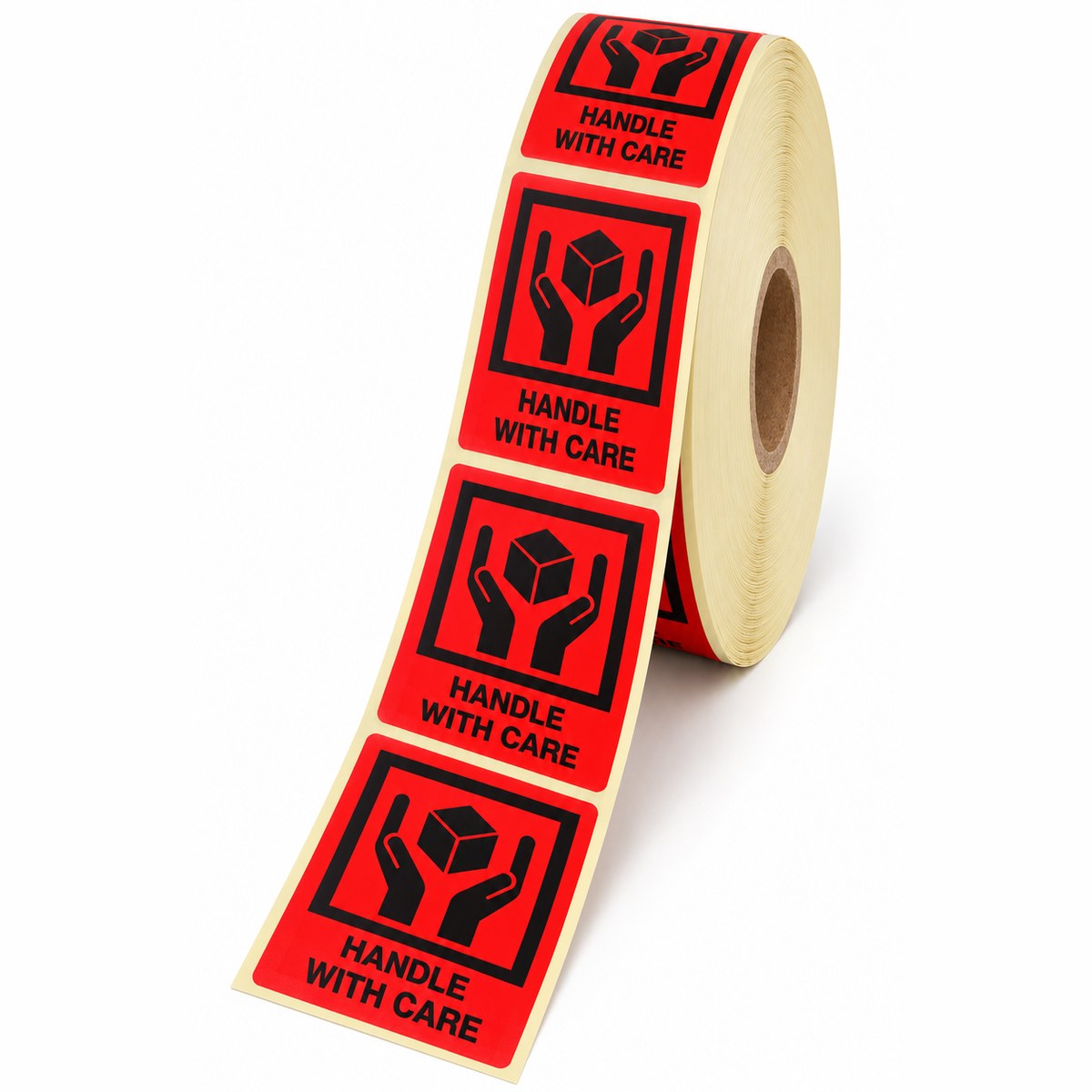 Aufkleber Handle with Care, schwarz auf rot, abgerollt