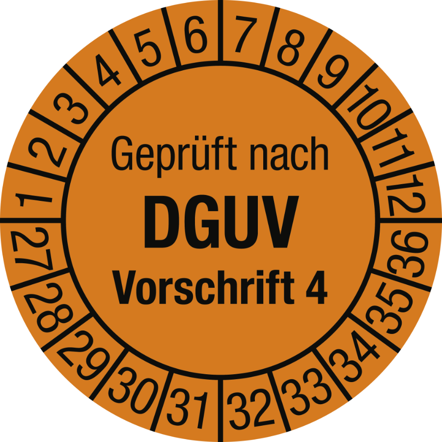 Prüfplakette Geprüft nach DGUV Vorschrift 4, 2027–2036, Folie, Ø 20 mm