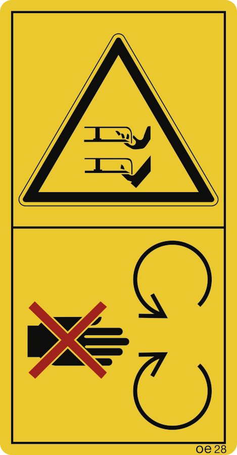 Während des Betriebs ausreichend Abstand zum Mähmesser halten (Hochformat), Warnzeichen, ISO 11684, 88x168 mm, Folie, 2 Stück/Bogen