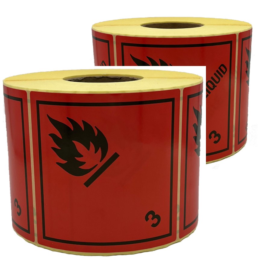 Gefahrgutaufkleber Klasse 3 auf Rolle, 10 x 10 cm – deutsche Fassung und englische Fassung Flammable Liquid