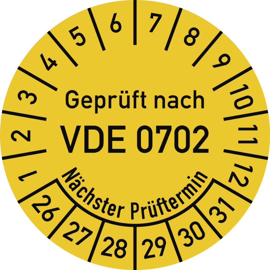 Prüfplakette Geprüft nach VDE 0702 - Nächster Prüftermin 2026–2031, Folie, Ø 30 mm