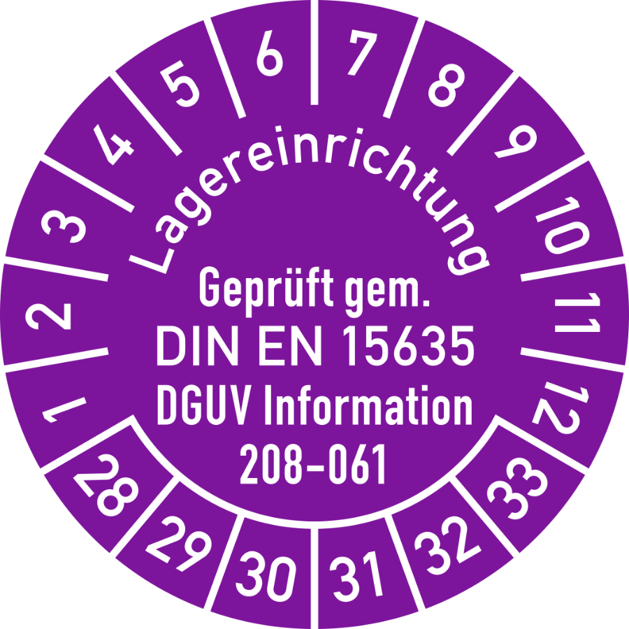 Prüfplakette Lagereinrichtung DIN EN 15635 DGUV Information 208-061 2028–2033, Folie, Ø 30 mm