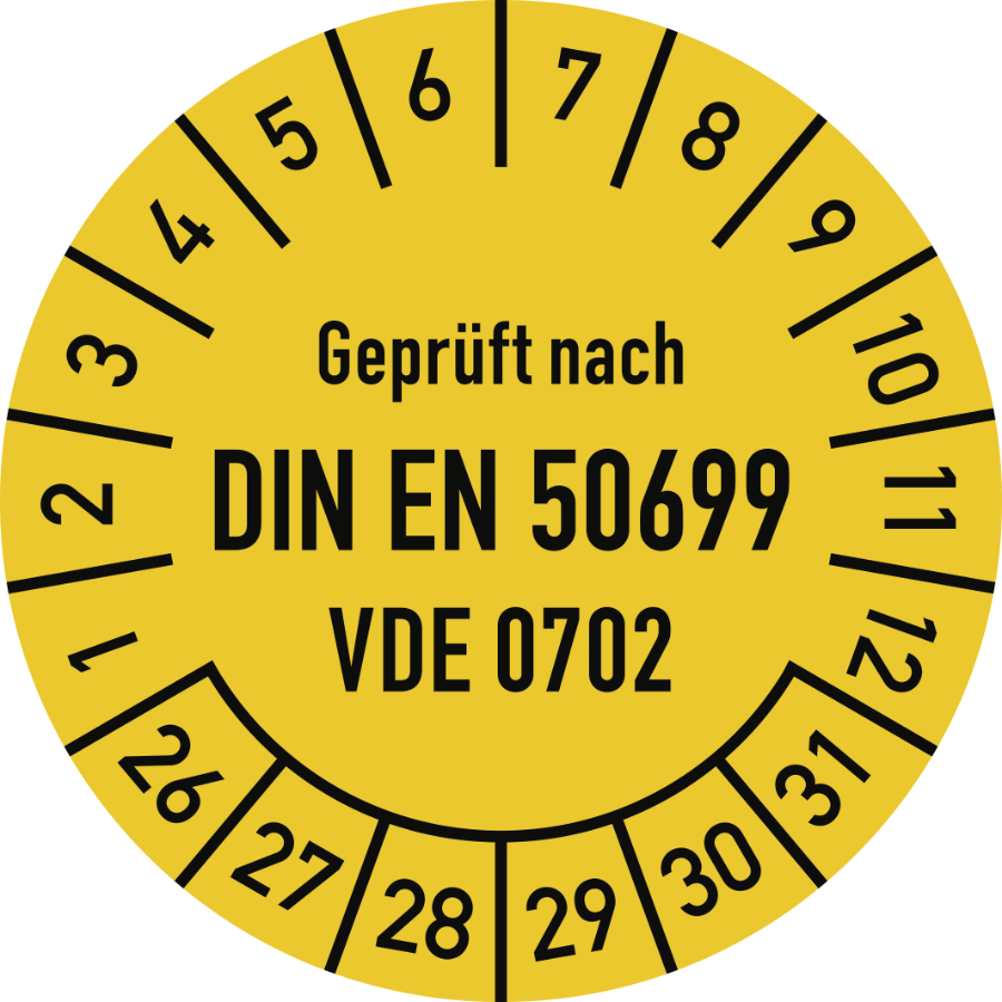 Prüfplakette Geprüft nach DIN EN 50699 - VDE 0702 2026–2031, Folie, Ø 30 mm