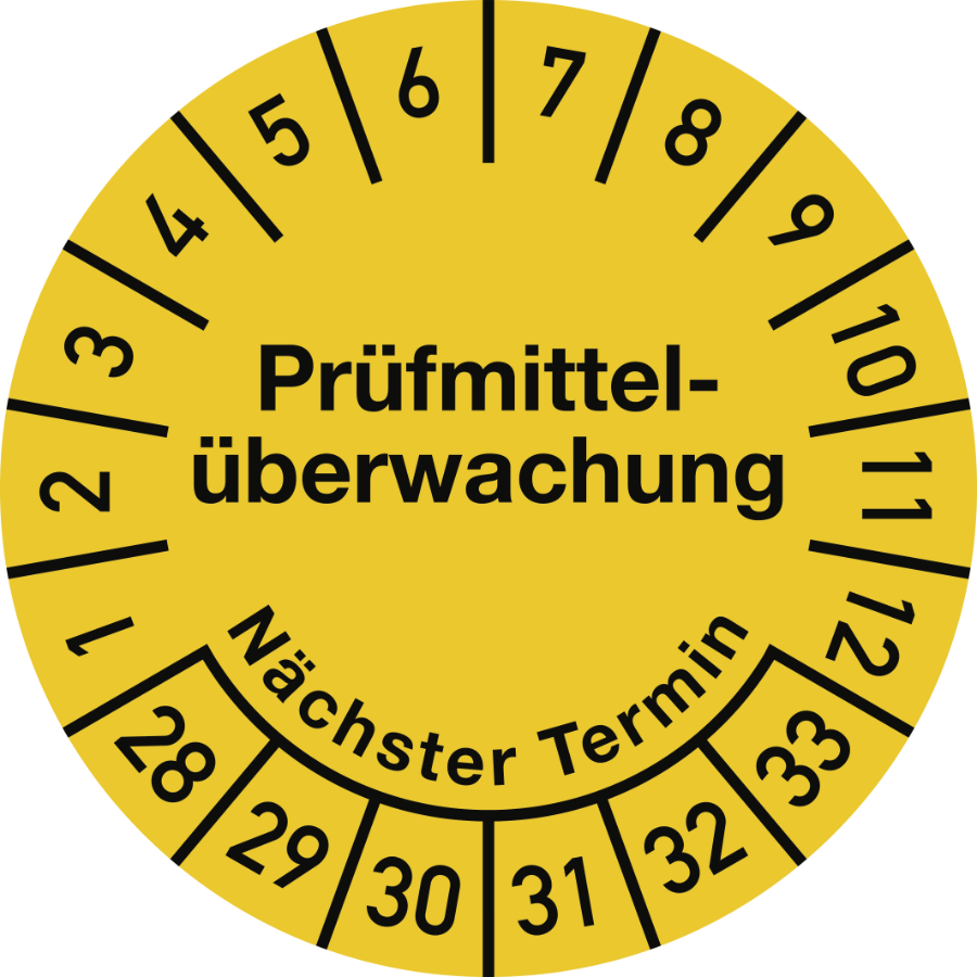 Prüfplakette Prüfmittelüberwachung Nächster Termin 2028–2033, Dokumentenfolie, Ø 30 mm