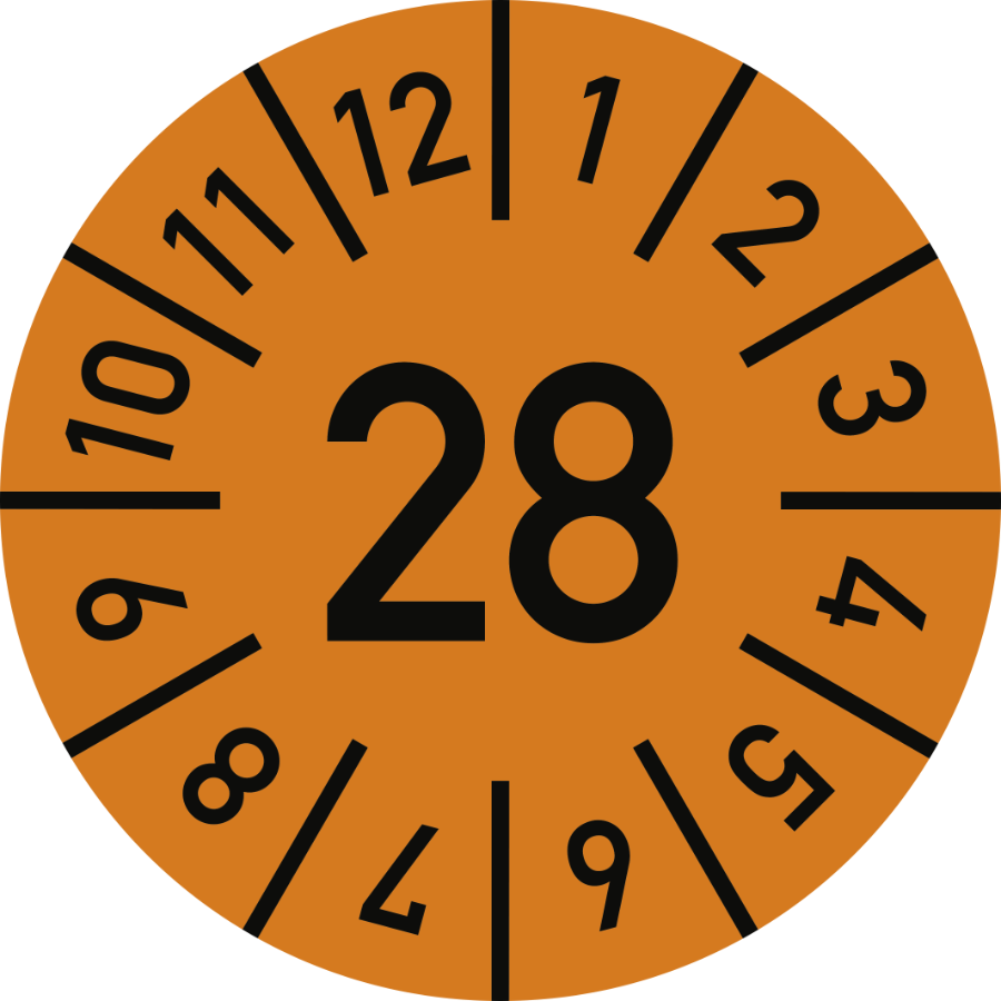 Prüfplakette Jahr 28 mit Monaten - orange, Ø 10 mm, Folie