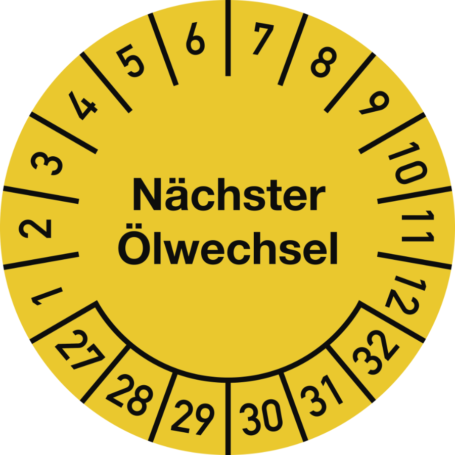 Prüfplakette Nächster Ölwechsel 2027–2032, Dokumentenfolie, Ø 25 mm