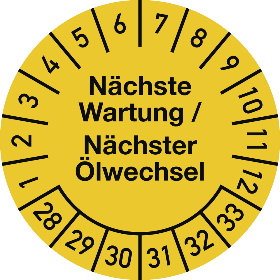 Prüfplakette Nächste Wartung/Nächster Ölwechsel 2028–2033, Dokumentenfolie, Ø 30 mm