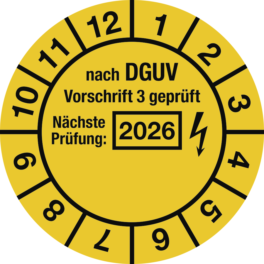 Prüfplakette nach DGUV Vorschrift 3 geprüft Nächste Prüfung 2026, Ø 30 mm, Dokumentenfolie