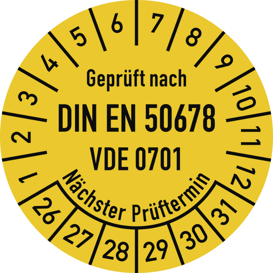 Prüfplakette Geprüft nach DIN EN 50678 VDE 0701 Nächster Prüftermin 2026–2031, Folie, Ø 30 mm