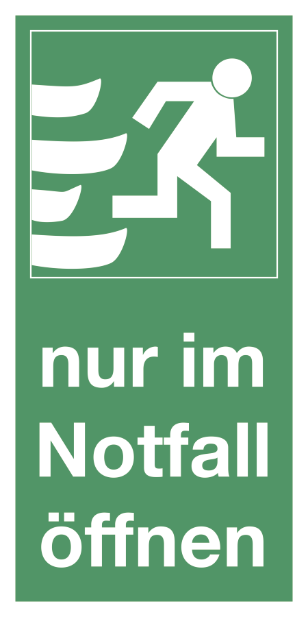 Nur im Notfall öffnen rechtsweisend (Hochformat), Rettungszeichen
