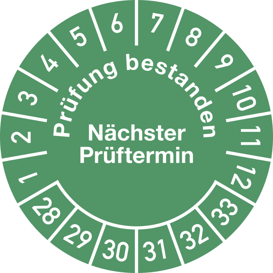 Prüfplakette Prüfung bestanden Nächster Prüftermin 2028–2033, Folie, Ø 30 mm