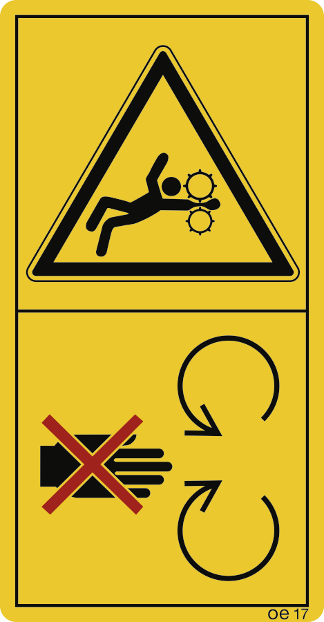 Ausreichend Abstand zu drehenden Maschinenteilen halten. (Hochformat), Symbolschild, ISO 11684