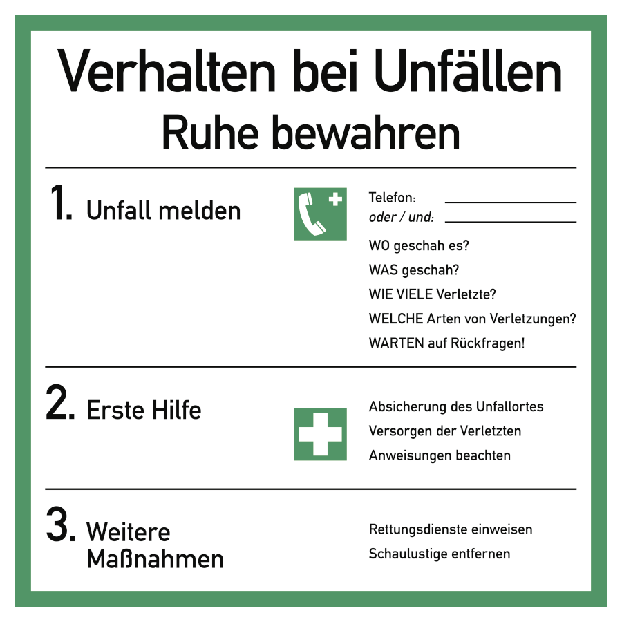 Verhalten bei Unfällen (transparent), Rettungszeichen, 180 × 180 mm, Folie, nicht nachleuchtend