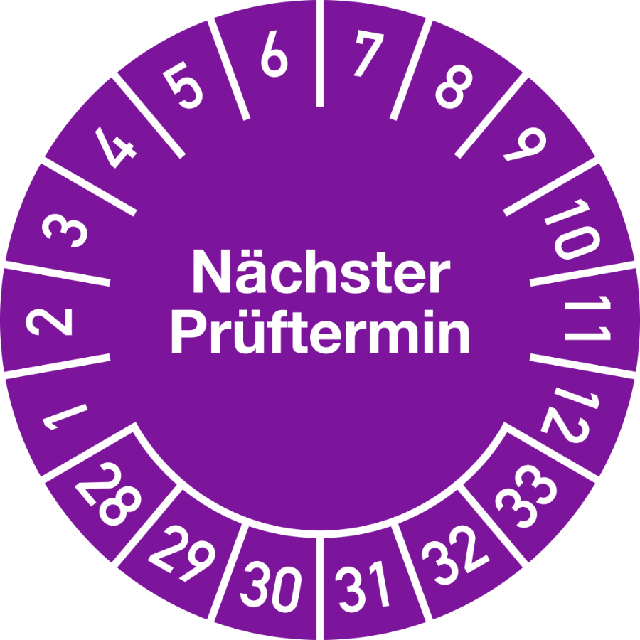 Prüfplakette Nächster Prüftermin 2028–2033, Jahresfarbe, Folie-Spezialkleber, Ø 30 mm, 10 Stück/Bogen