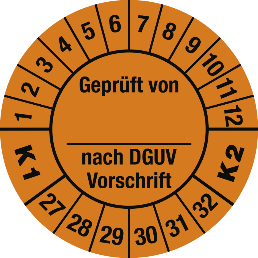 Prüfplakette Geprüft nach DGUV Vorschrift K1/K2, 2027–2032, Folie, Ø 30 mm