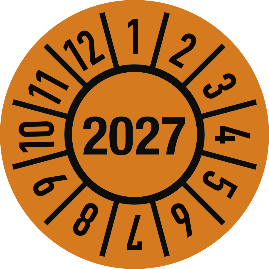 Prüfplakette Jahr 2027 mit Monaten, Ø 30 mm, Folie-Spezialkleber