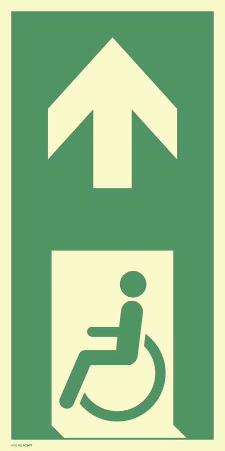 Notausgang gehbeeinträchtigt (links) mit Pfeil oben, Rettungszeichen, 400 × 200 mm, Alu