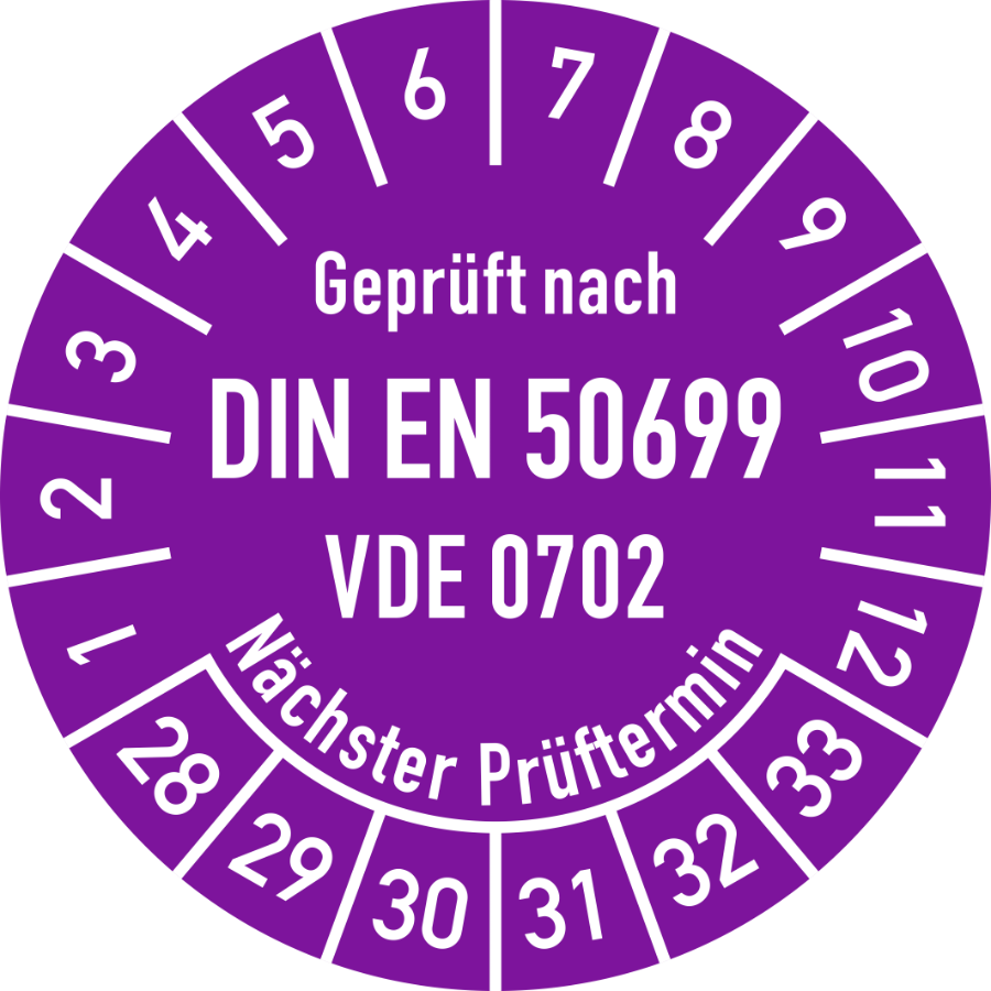Prüfplakette Geprüft nach DIN EN 50699 VDE 0702 Nächster Prüftermin 2028–2033, Folie, Ø 30 mm