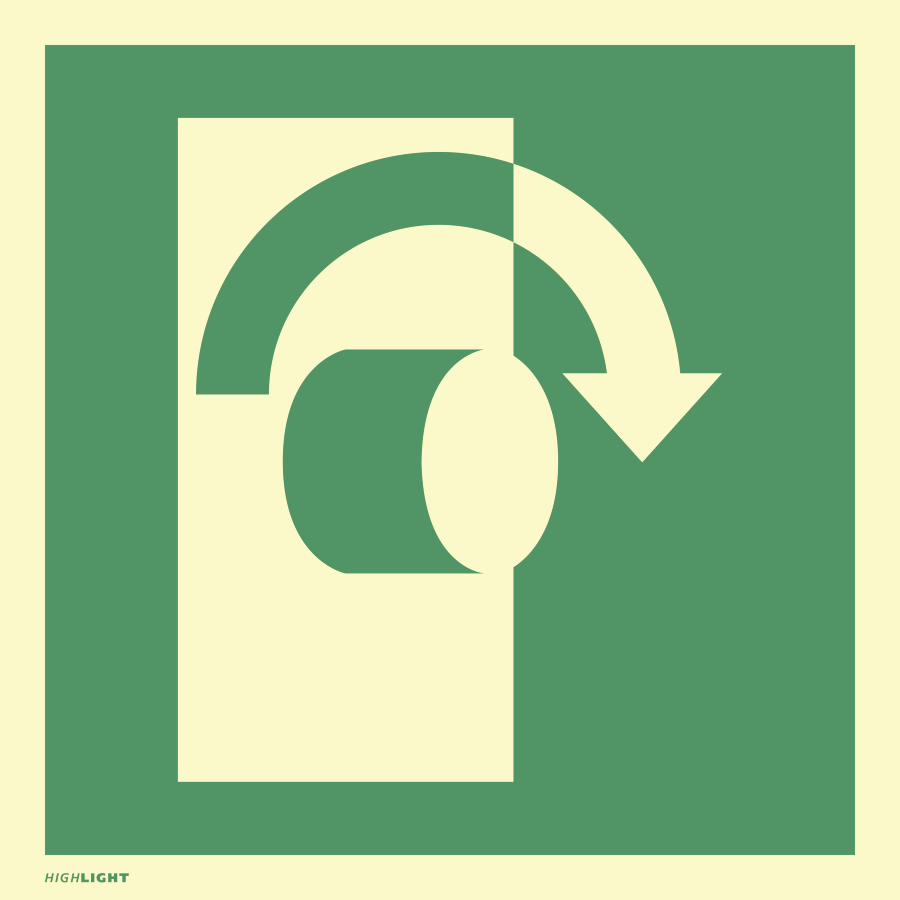 Öffnung durch Rechtsdrehung, Rettungszeichen, ISO 7010 E019, 100 x 100 mm, Folie selbstklebend
