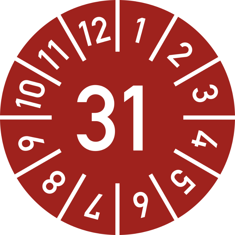 Prüfplakette Jahr 31 mit Monaten - rot, Ø 10 mm, Dokumentenfolie