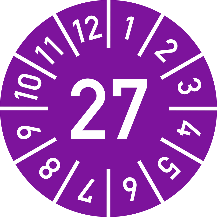 Prüfplakette Jahr 27 mit Monaten - violett, Ø 10 mm, Folie