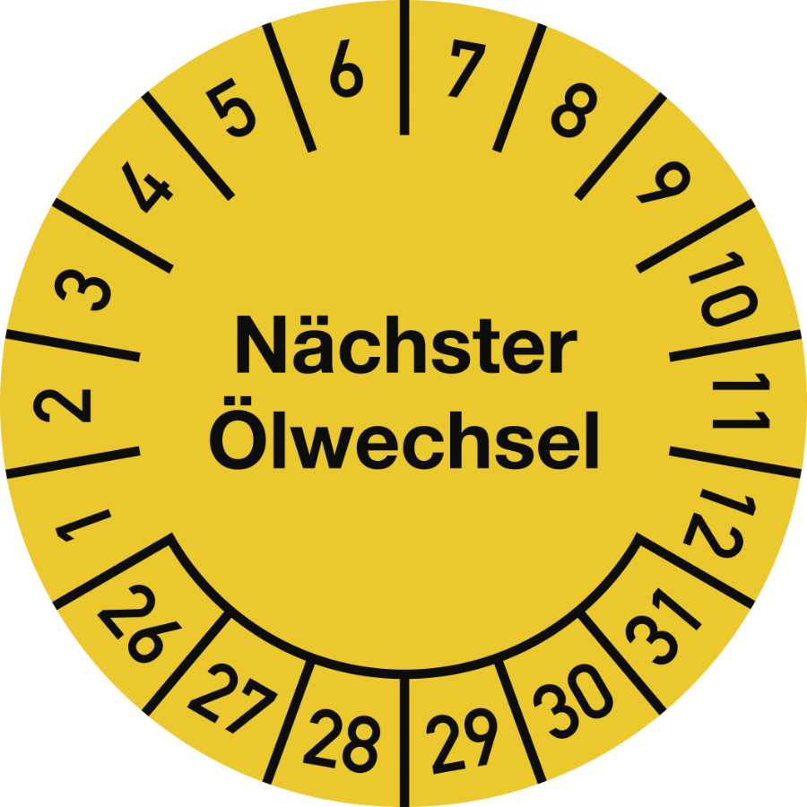 Prüfplakette Nächster Ölwechsel 2026–2031, Dokumentenfolie, Ø 25 mm