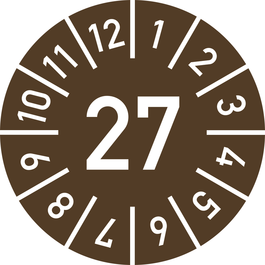 Prüfplakette Jahr 27 mit Monaten - braun, Ø 10 mm, Folie