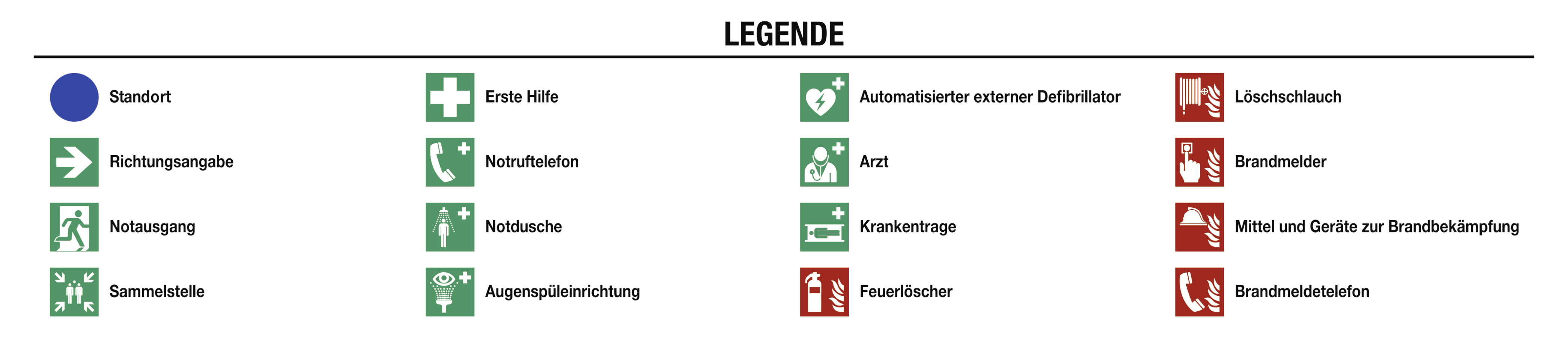 Legende für Fluchtwegplan, Rettungszeichen, ISO 7010, 125 x 580 mm, Folie transparent