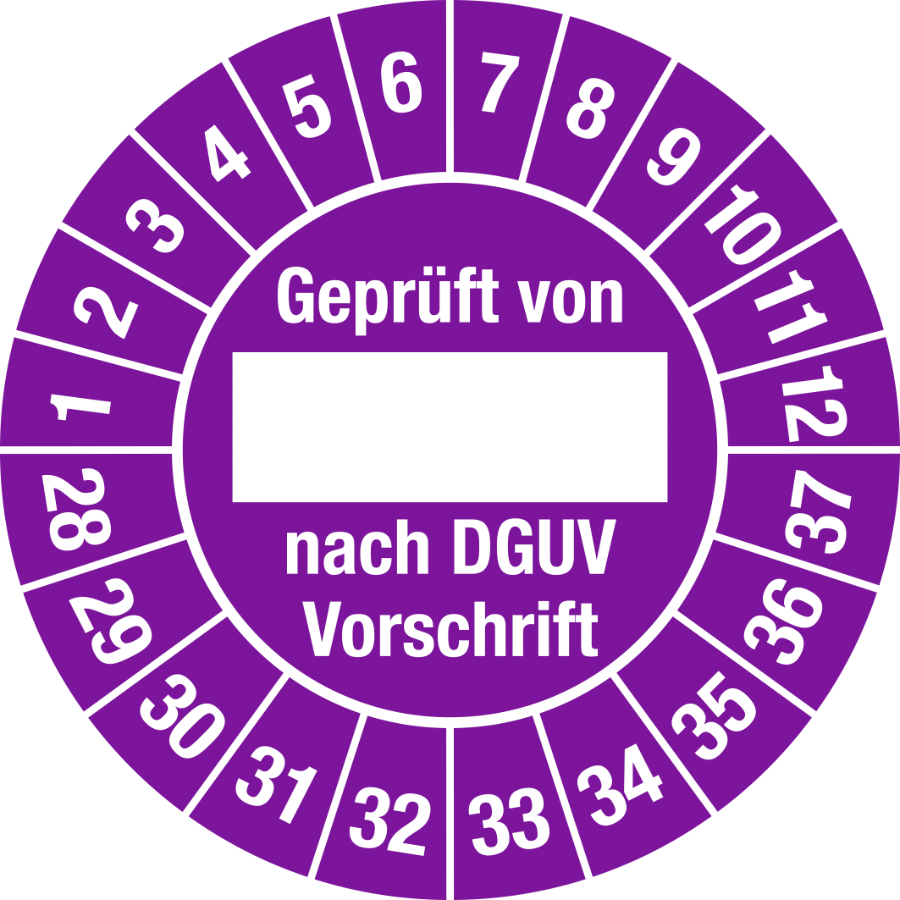 Prüfplakette Geprüft von nach DGUV Vorschrift 2028–2037, Folie, Ø 25 mm