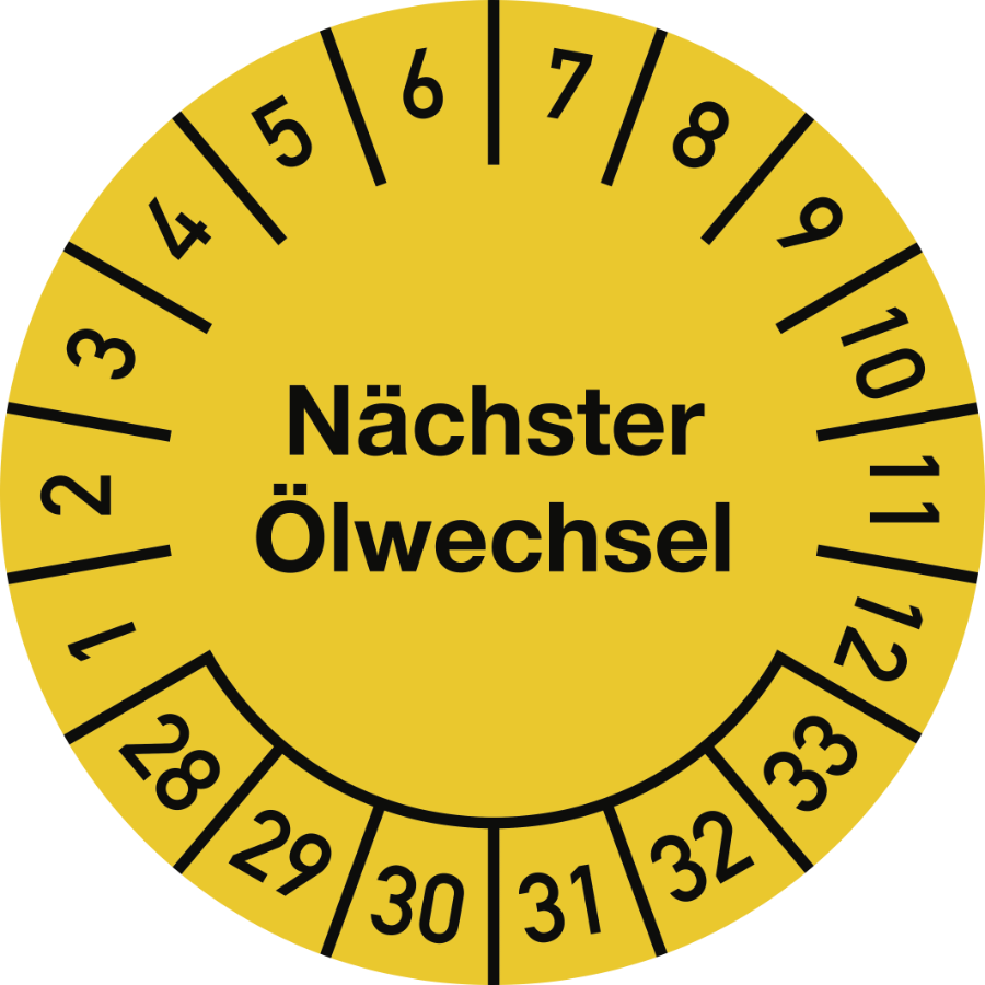 Prüfplakette Nächster Ölwechsel 2028–2033, Dokumentenfolie, Ø 25 mm