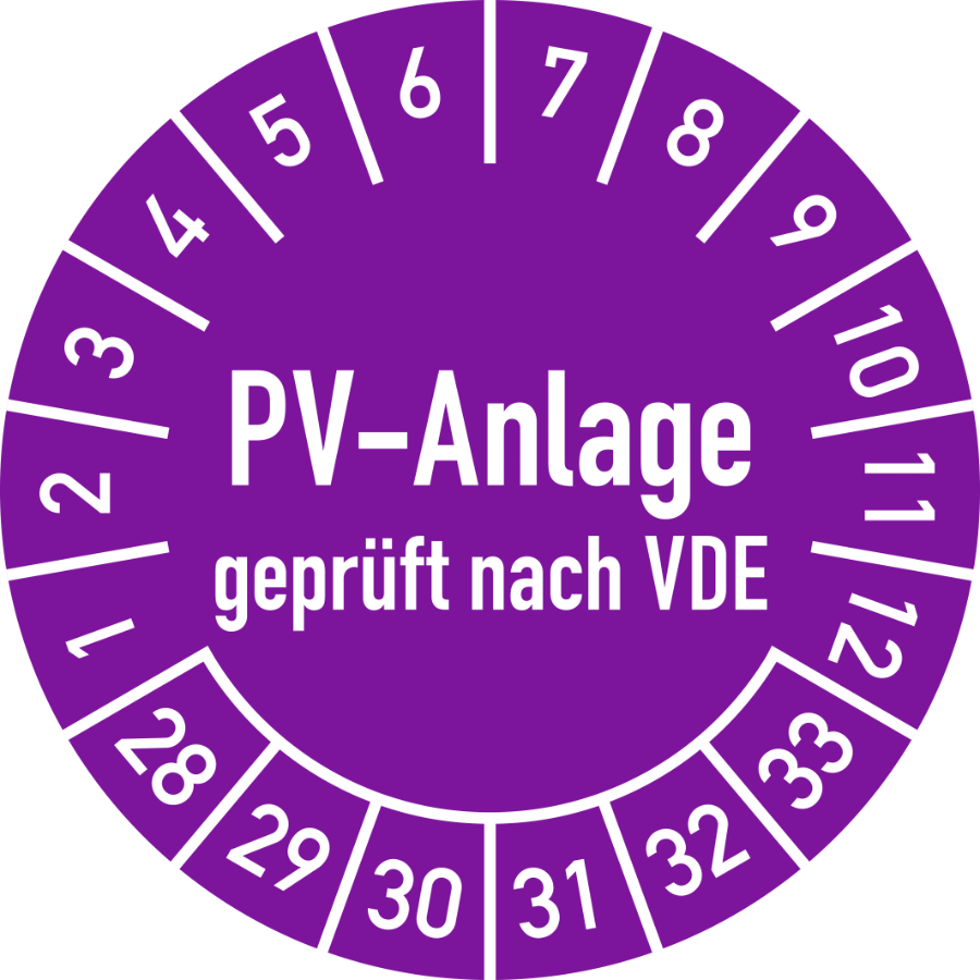 Prüfplakette PV-Anlage geprüft nach VDE 2028–2033, Folie, Ø 30 mm