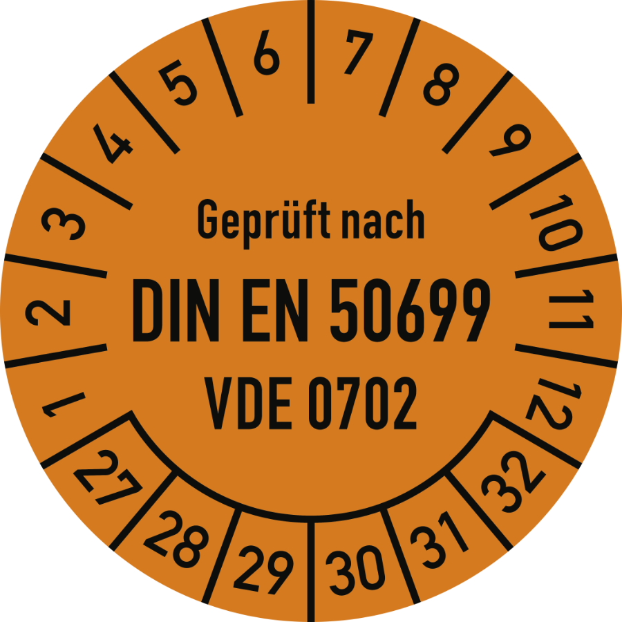 Prüfplakette Geprüft nach DIN EN 50699 - VDE 0702 2027–2032, Folie, Ø 30 mm