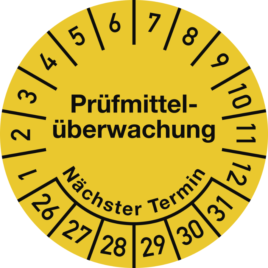 Prüfplakette Prüfmittelüberwachung Nächster Termin 2026–2031, Dokumentenfolie, Ø 30 mm