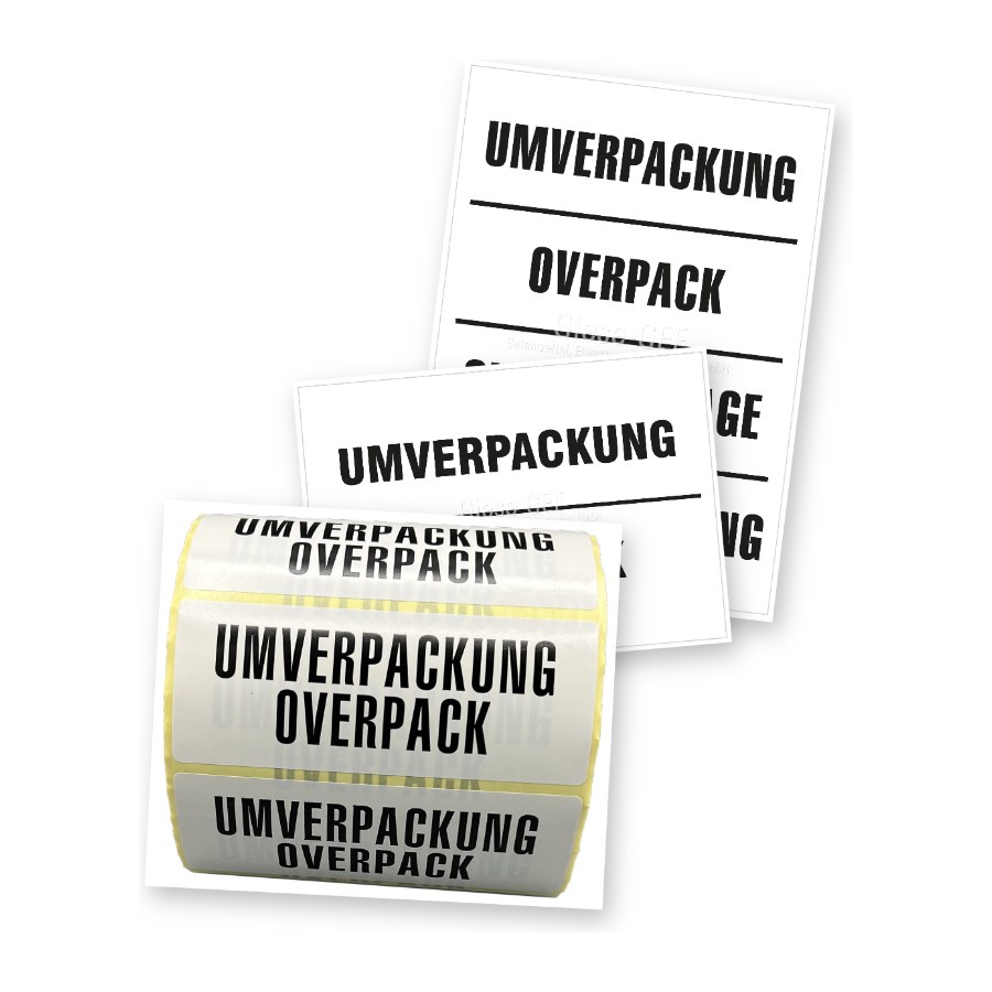 Aufkleber Umverpackung und Overpack, ein- und mehrsprachig