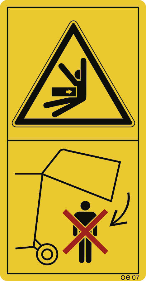 Nicht unter die angehobene Heckklappe treten, bevor Sicherung angelegt ist. (Hochformat), Warnzeichen, ISO 11684, 88x168 mm, Folie, 2 Stück/Bogen