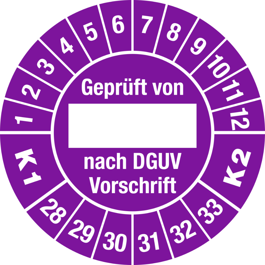 Prüfplakette Geprüft nach DGUV Vorschrift K1/K2, 2028–2033, Folie, Ø 30 mm