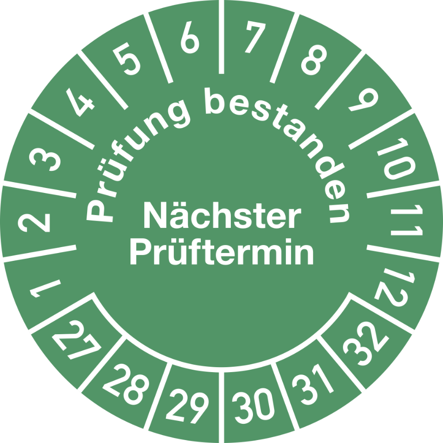 Prüfplakette Prüfung bestanden Nächster Prüftermin 2027–2032, Folie, Ø 30 mm