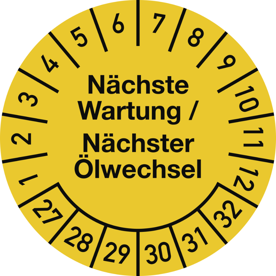 Prüfplakette Nächste Wartung/Nächster Ölwechsel 2027–2032, Dokumentenfolie, Ø 30 mm