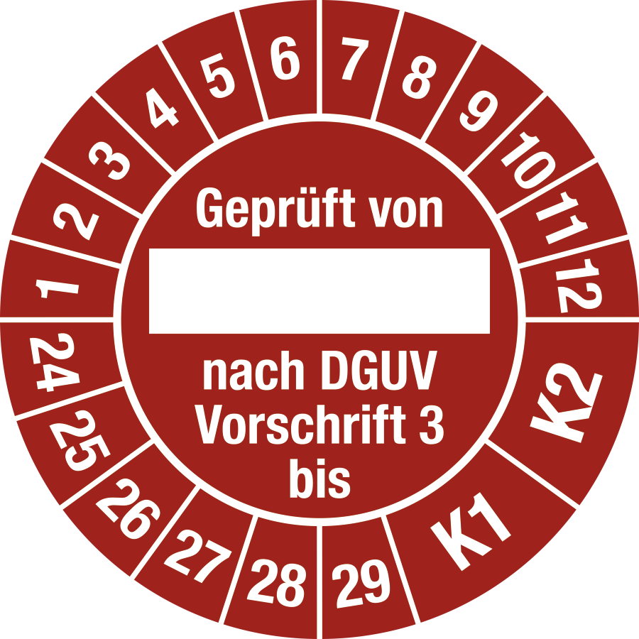 Prüfplakette Geprüft von nach DGUV Vorschrift 3 bis K1/K2. 2024 - 2029, Ø 30 mm, Dokumentenfolie