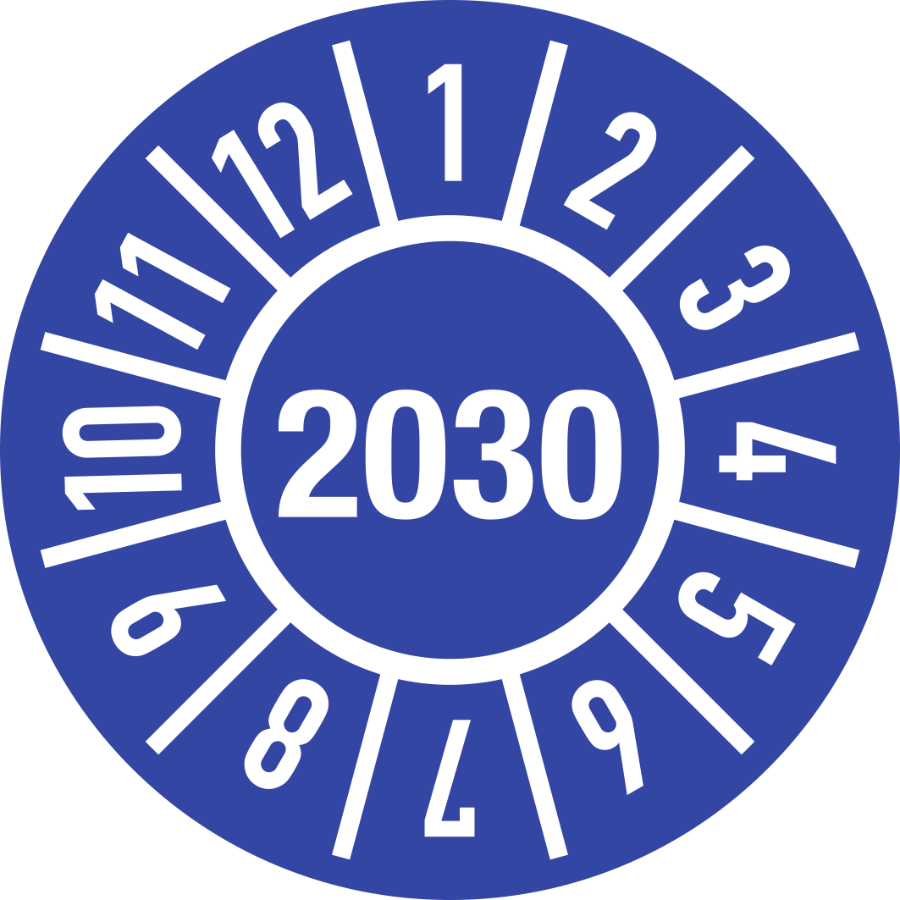 Prüfplakette Jahr 2030 mit Monaten, Ø 15 mm, Folie, 10 Stück/Bogen