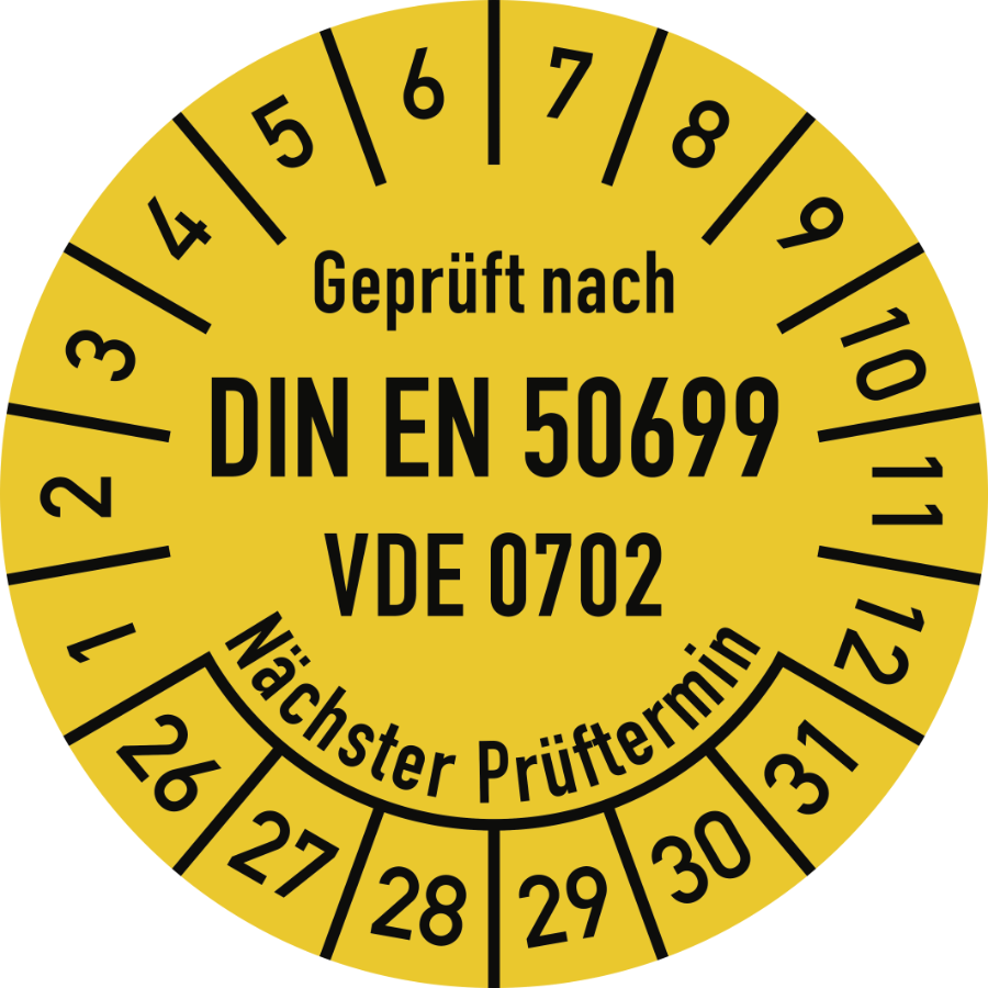 Prüfplakette Geprüft nach DIN EN 50699 VDE 0702 Nächster Prüftermin 2026–2031, Folie, Ø 30 mm