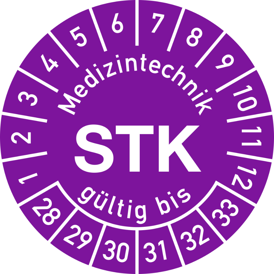Prüfplakette Medizintechnik STK 2028–2033, Polyesterfolie, Ø 15 mm