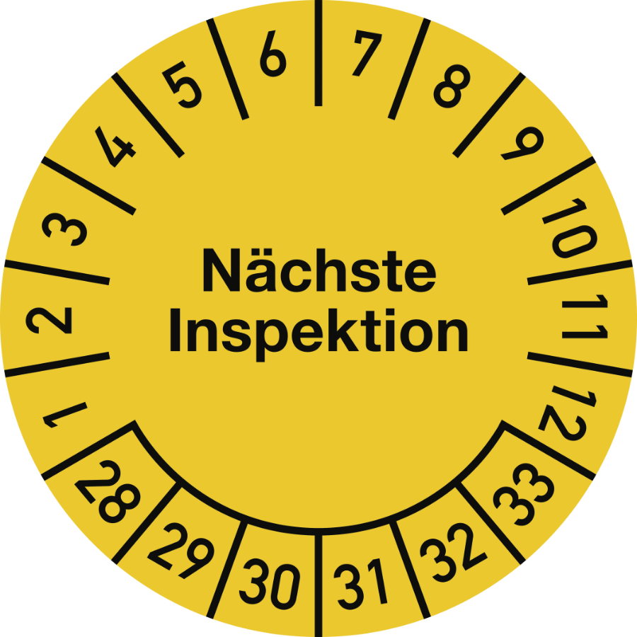 Prüfplakette Nächste Inspektion 2028–2033, Dokumentenfolie, Ø 30 mm