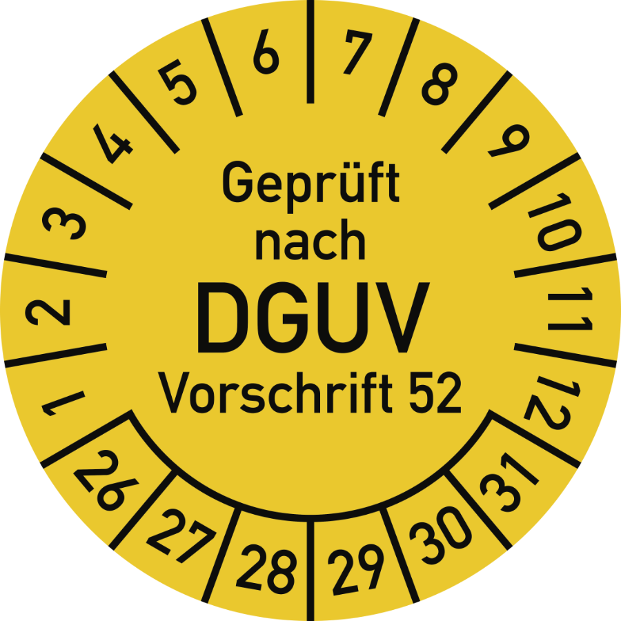 Prüfplakette Geprüft nach DGUV Vorschrift 52, 2026–2031, Polyesterfolie, Ø 40 mm